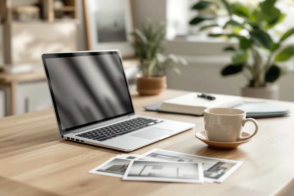 An open laptop, a clipboard and a coffee cup on a tidy office desk
