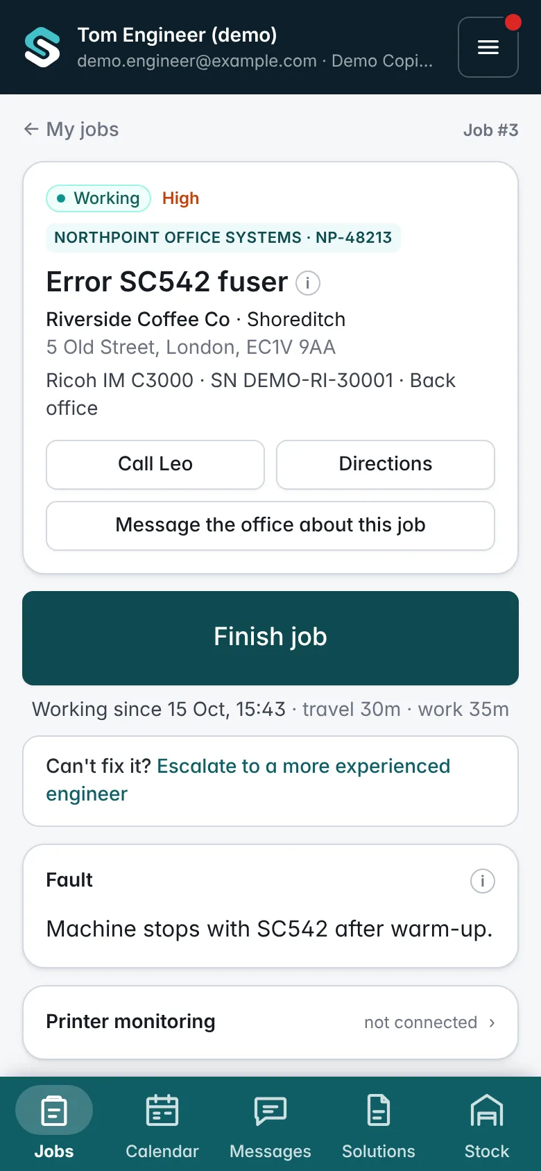 An assigned job on the engineer's phone with the site, machine and the next step