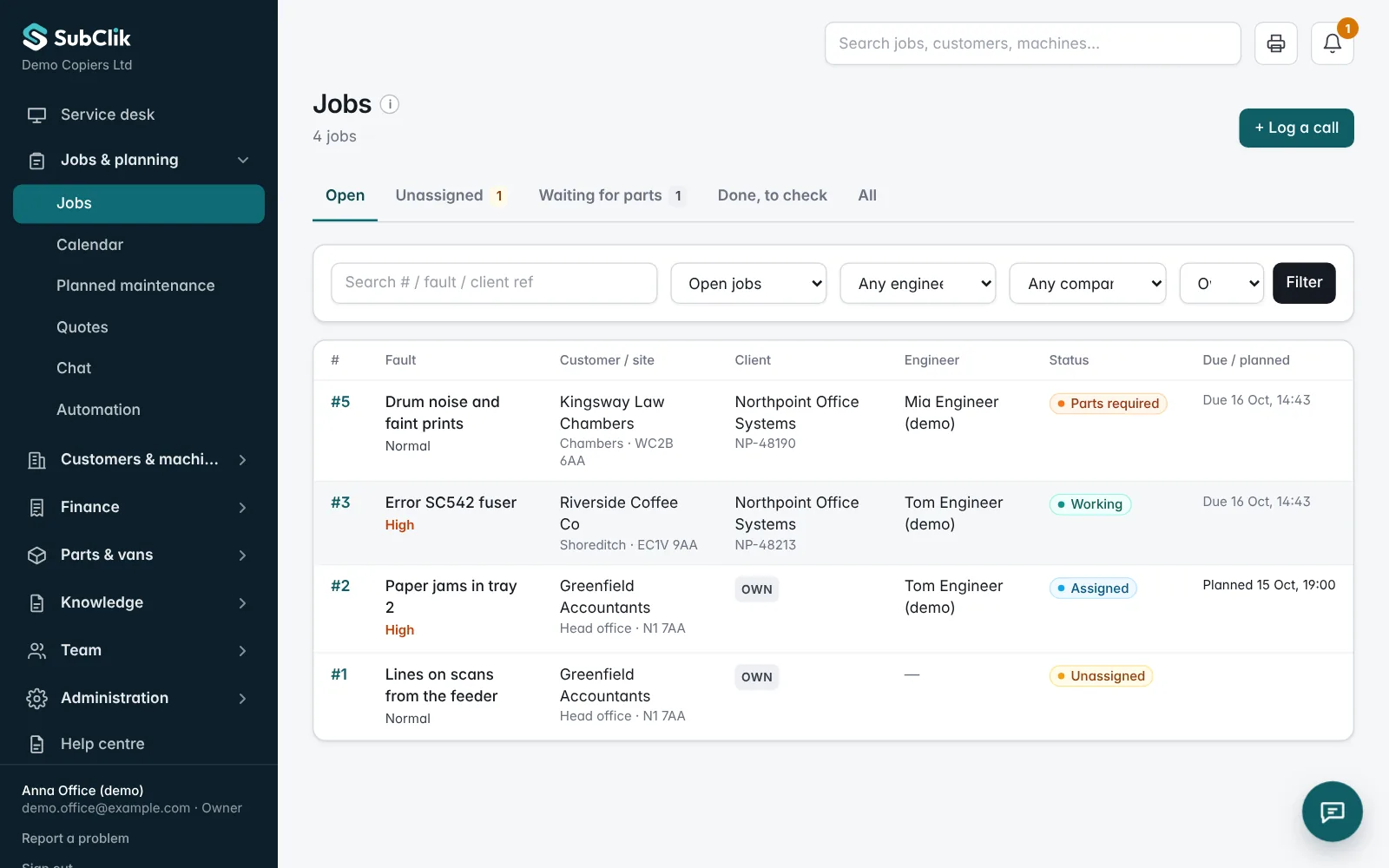 The jobs list with fault, customer, client company, engineer, status and due time