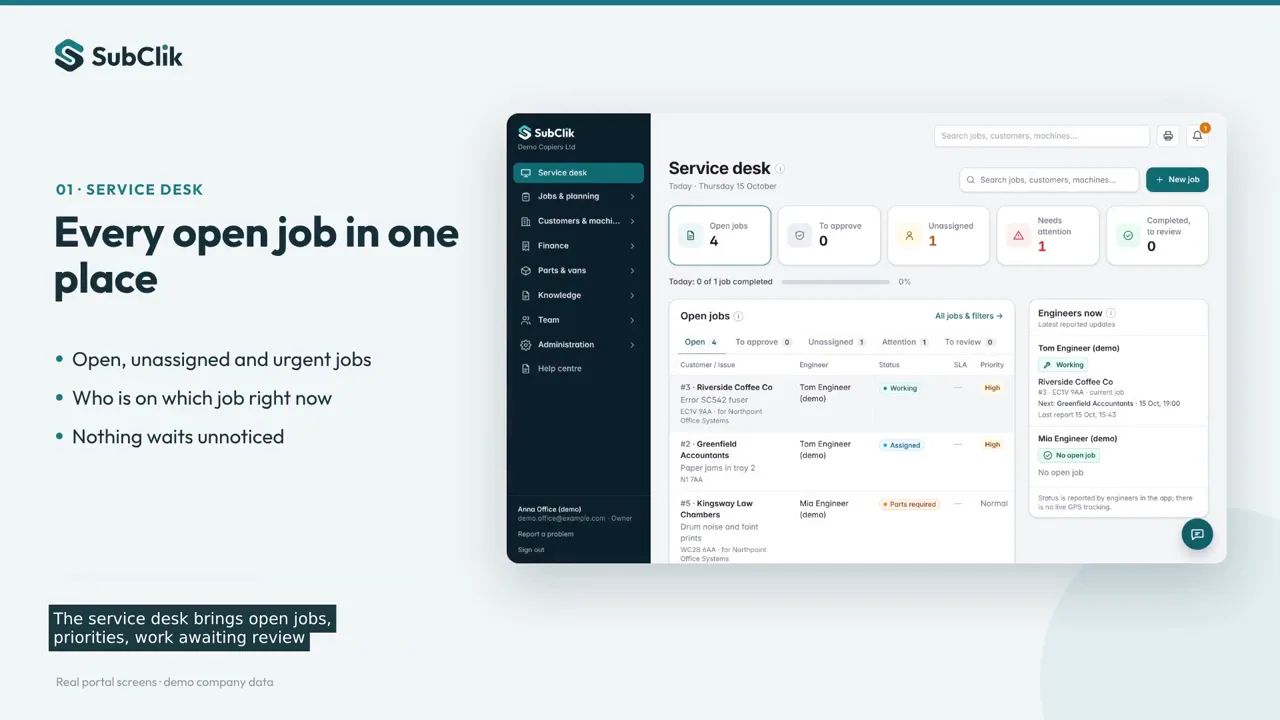 Opening frame of the film: SubClik walkthrough: from service call to invoice