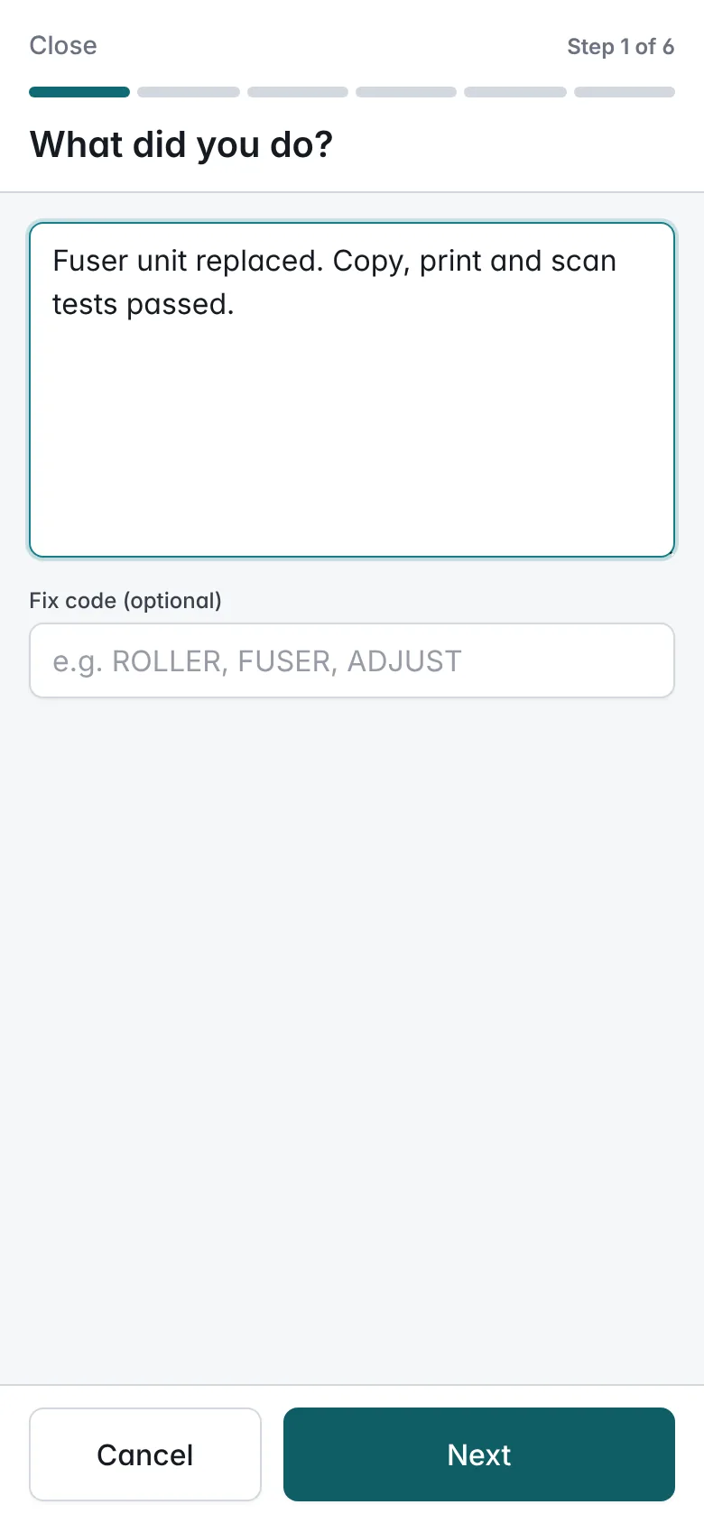 The finish-job steps on the engineer's phone: work done, parts, meter readings and sign-off