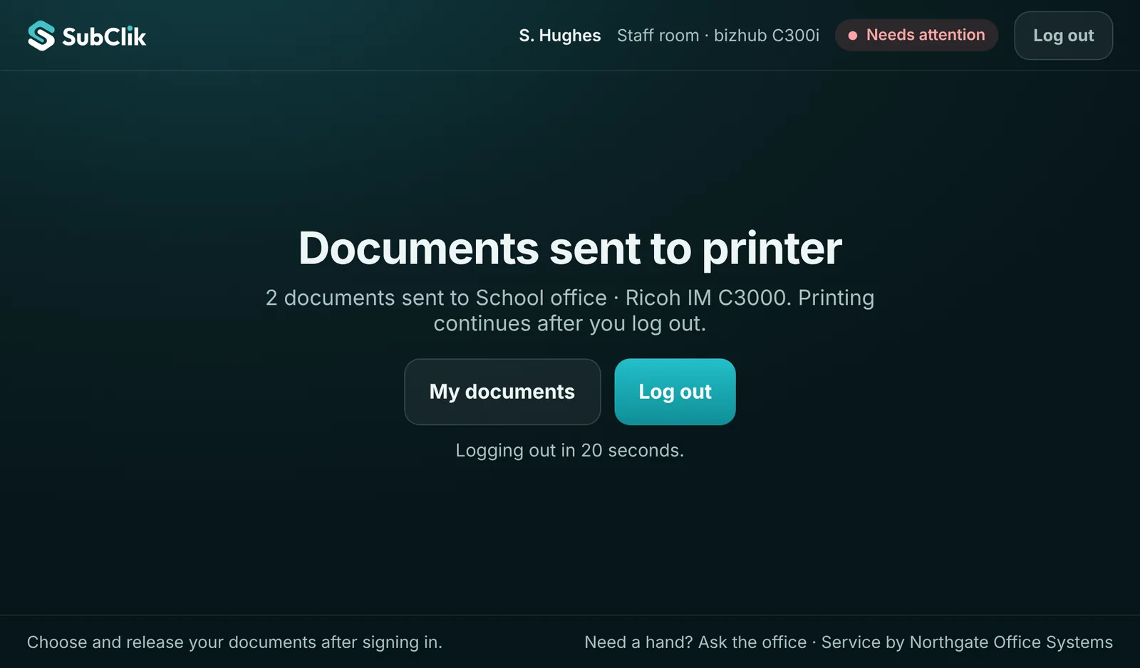 Confirmation that two documents were sent to the school office printer