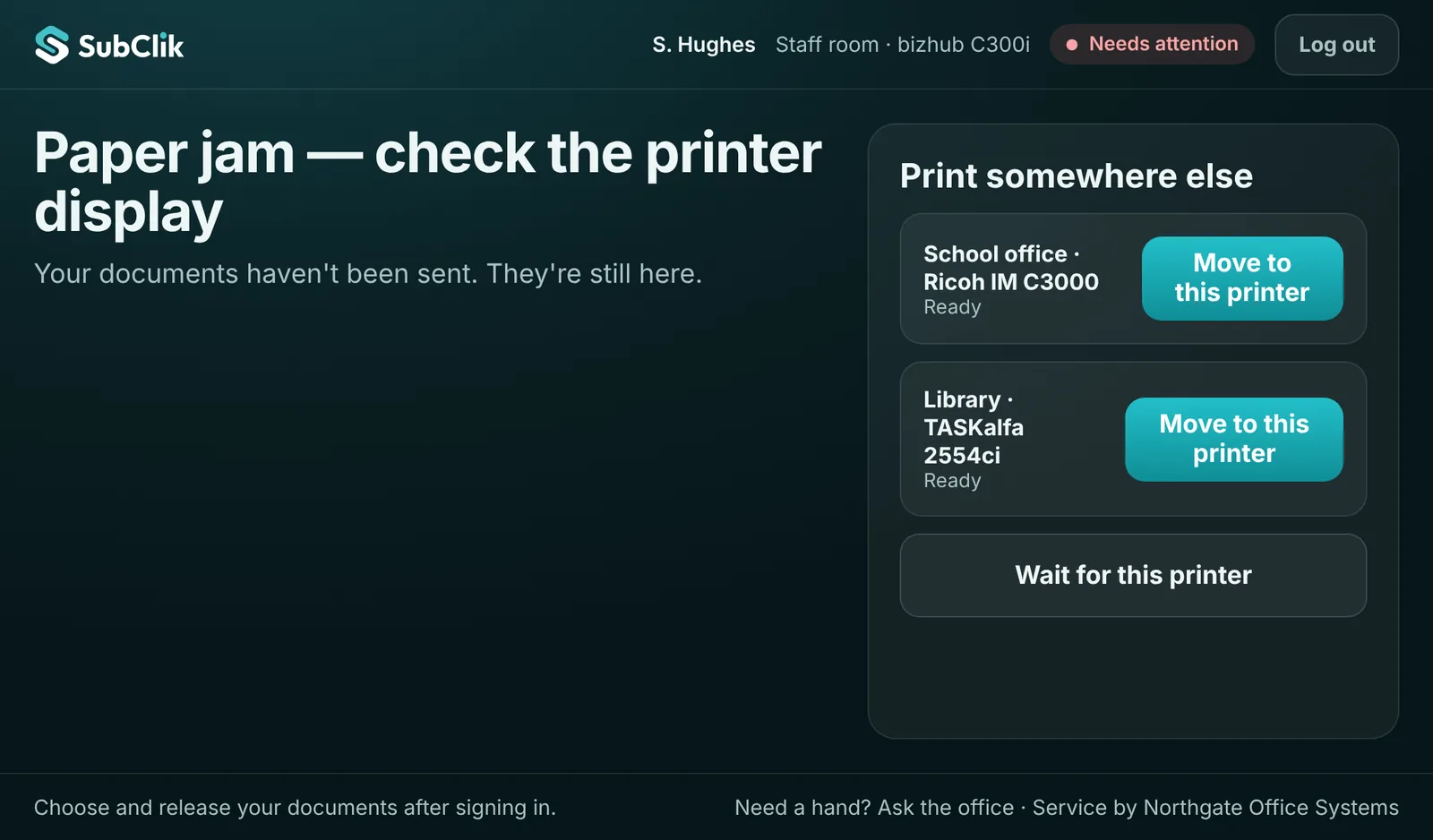 Paper jam message with nearby machines offered to move the documents to