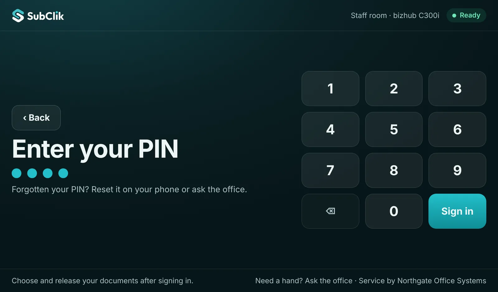PIN keypad on the SubClik Print release screen