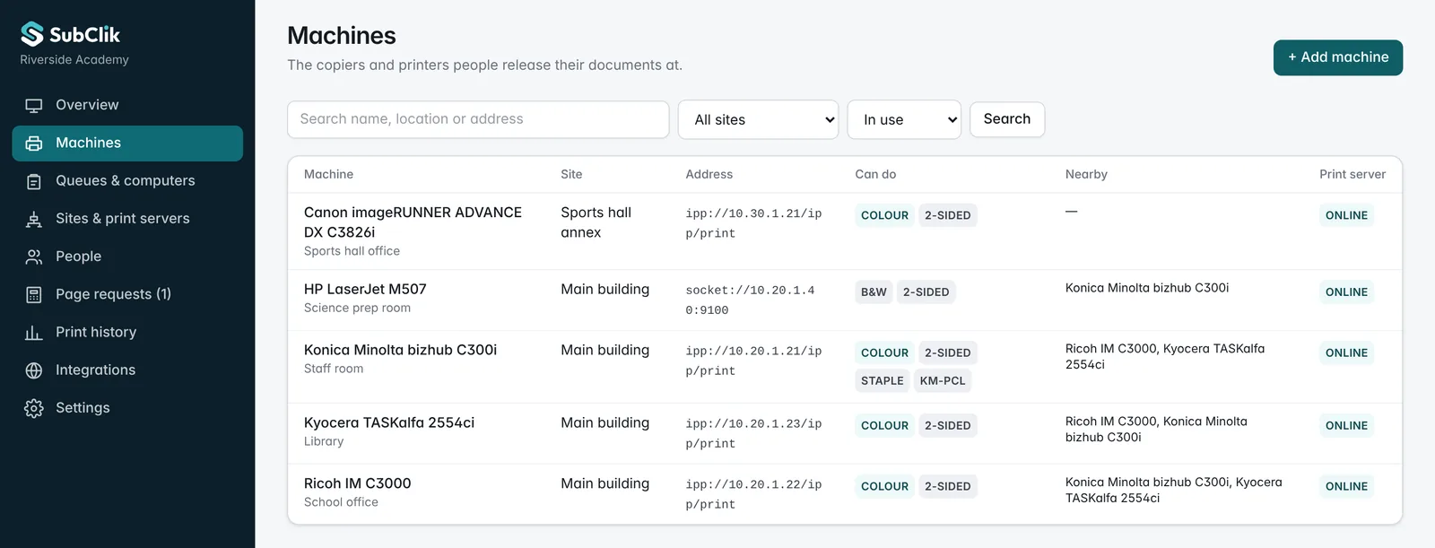 Machines list across two buildings with addresses, colour and 2-sided capability, nearby alternatives and print server status